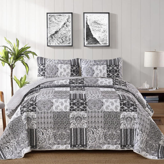 WONGS BEDDING Grey Quilt Set King Size, Patchwork Plaid Bedspread Bedding Sets Soft Microfiber Boho Quilts for King Bed 3 Pieces Coverlet Set for All Season (104"x90")