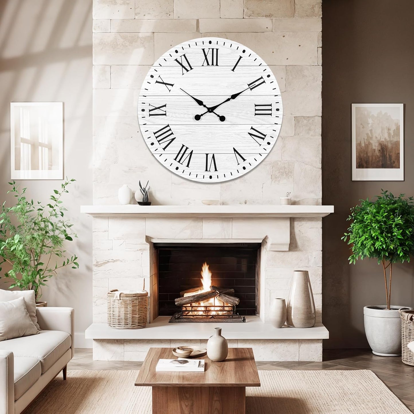 Large Wall Clock with Roman Numeral, 35” Shiplap Wall Clock Farmhouse Nearly Non-Ticking, Round Clock for Living Room Decor, Office, Bedroom, Entrance, White