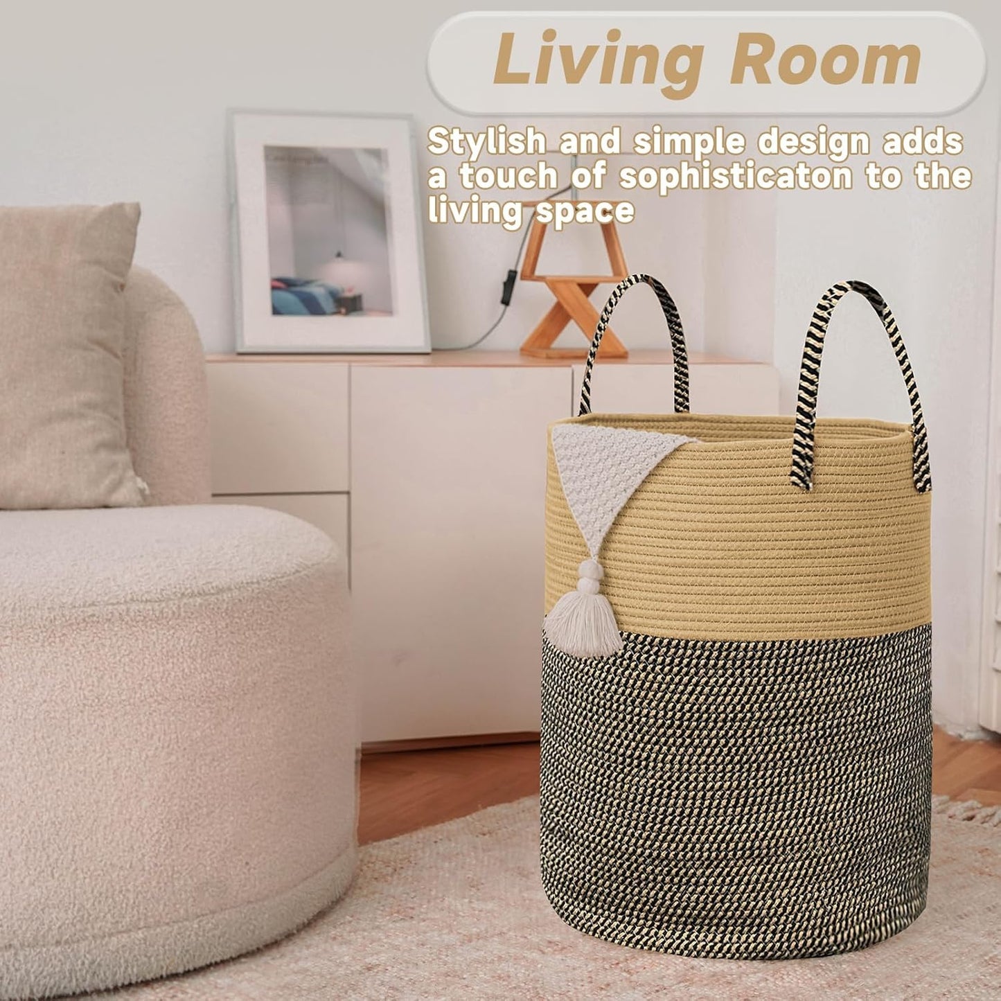 Large Woven Laundry Basket Hamper,80L Cotton Rope Storage Bin for Blankets,Toys and Clothes,Decorative Tall Nursery Hamper for Living Room,Baby Nursery,Bathroom and Bedroom,Brown and Black