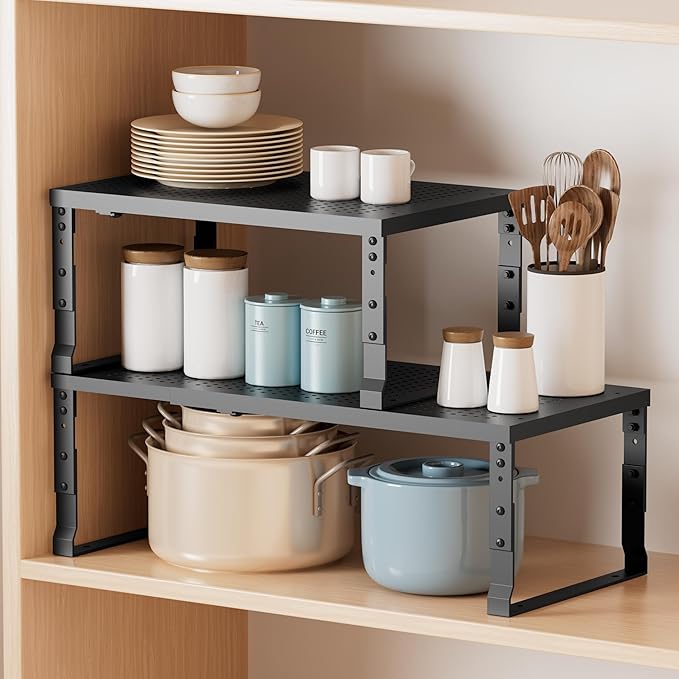 Metal Stackable Expandable Storage Shelf - Multi-Functional Home Storage Shelf, Suitable for Kitchen, Cabinet，Bathroom, Office, Garage, etc.（3PACKS/Black/Large