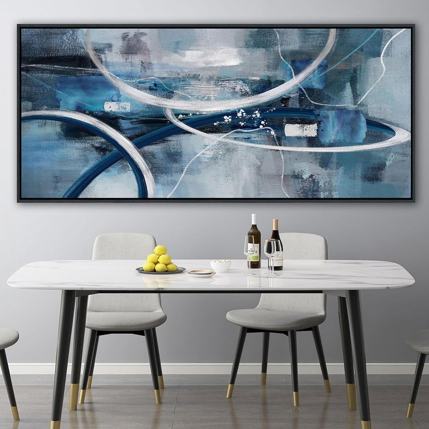 XLSJERST Large Abstract Canvas Wall Decor - 86x39 Inches Modern Living Room Wall Art Elegant Combination of Tones Black and White Gray Background Blue Gradient Picture
