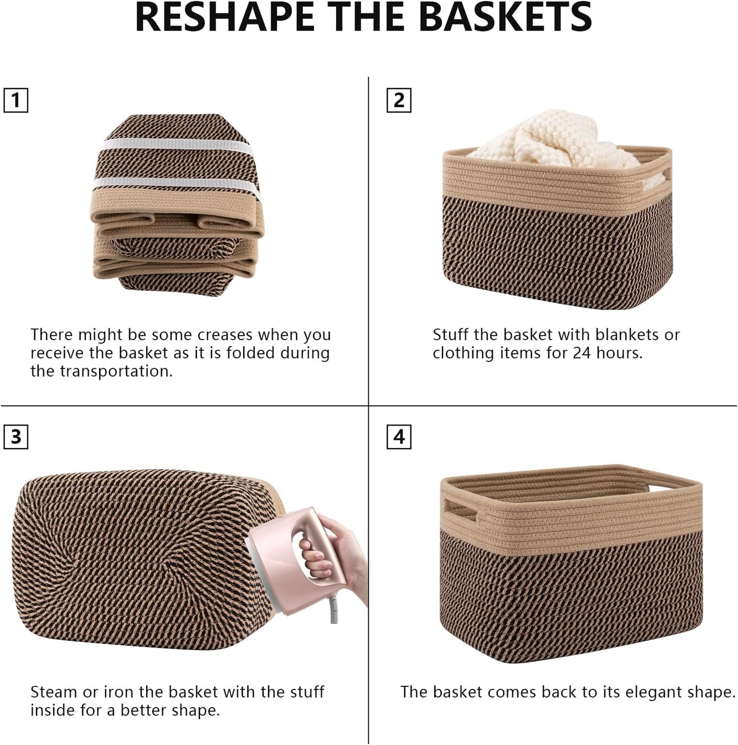 4 Pack Storage Baskets for Organizing, Woven Baskets for Shelves - Perfect for Toys, Books, Towels, and Clothes, Durable Gift Basket Bins Toy Storage, 13''L x9''W x7.8''H, Black and Brown