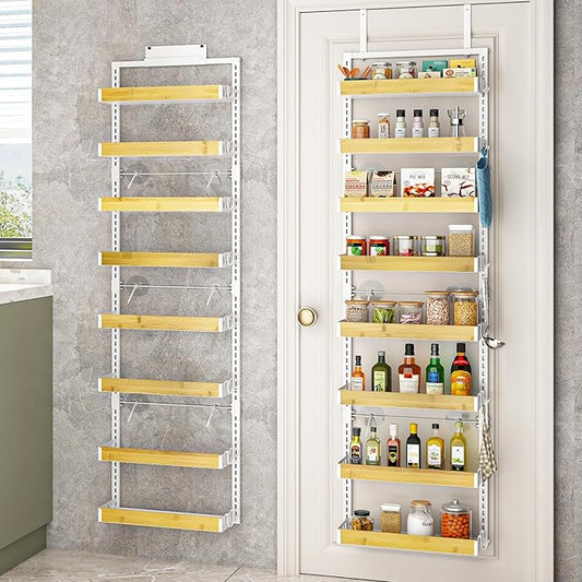 bukfen Over the Door Pantry Organizer 8-Tier Adjustable Basket Kitchen Pantry Door Organization and Storage, 2 in 1 Wall Mount or Hanging Heavy-Duty Metal Hanging Kitchen Spice Rack