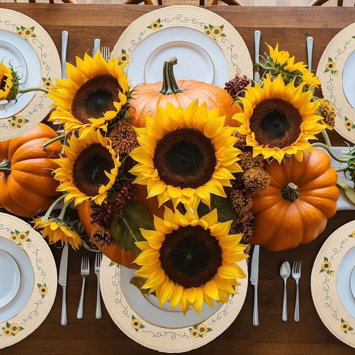 Whaline 4Pcs Round Sunflower Placemats Spring Summer Flower Embroidered Place Mats Floral Dinner Table Mats for Home Holiday Birthday Baby Shower Party Decor