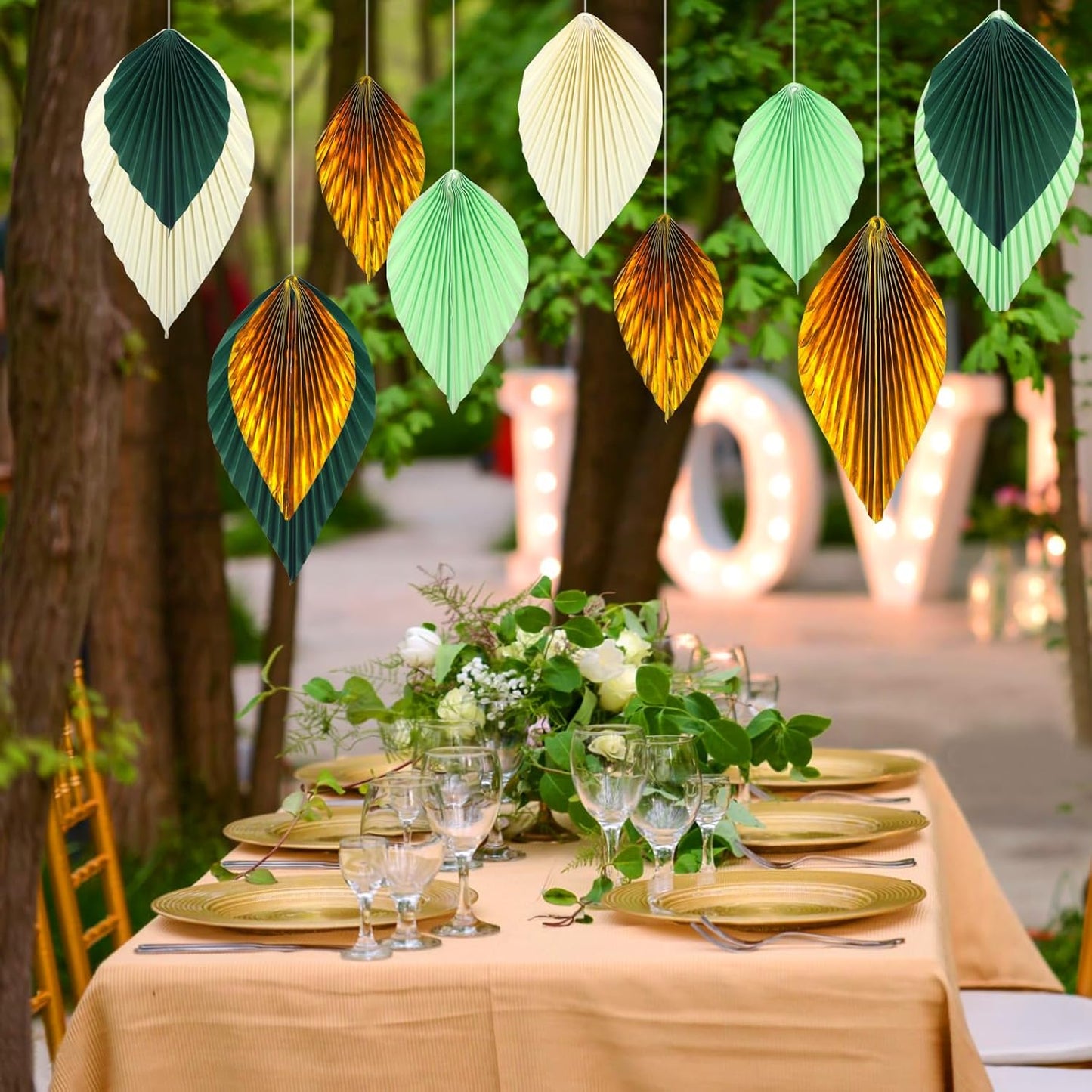ADLKGG Green Gold Hanging Paper Leaves Wall Backdrop Decor, Paper Palm Leaves Fan Party Decorations for Forest Birthday Party Tropical Jungle Theme Classroom Decor, 12pcs