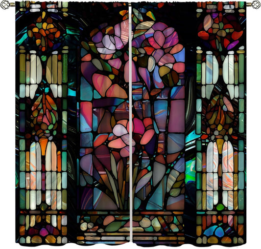 Stained Glass Curtains,Vintage Colorful Abstract Art Home Decor Drapes for Bedroom Living Room Kitchen Window Treatment 2 Panels Set Total Size 52" W X 84" L Inch