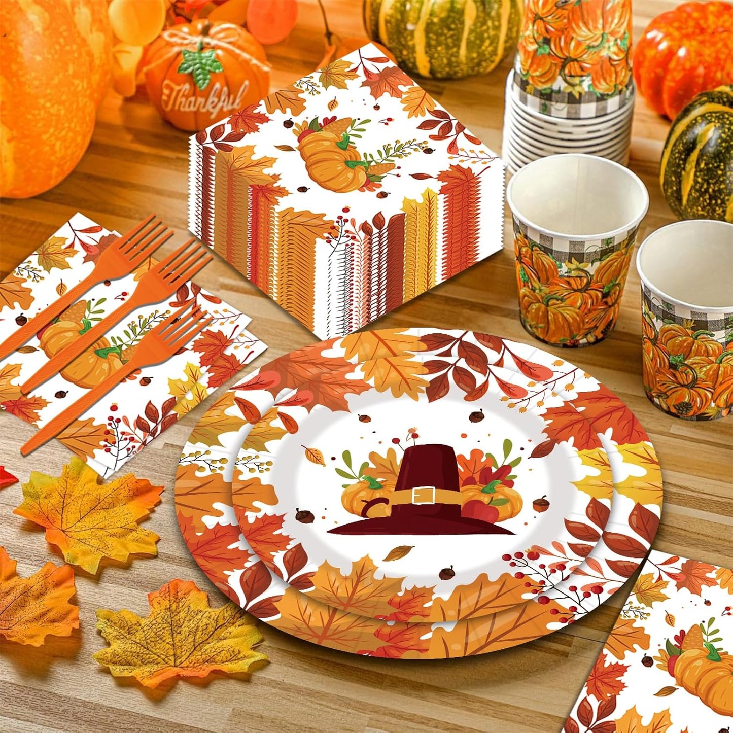 80pcs Fall Thanksgiving Paper Plates and Napkins Forks Dinner Cake Plates Autumn Leaves Pumpkin Party Decorations for Fall Thanksgiving Holiday Wedding Birthday,Serves 20 (Autumn)