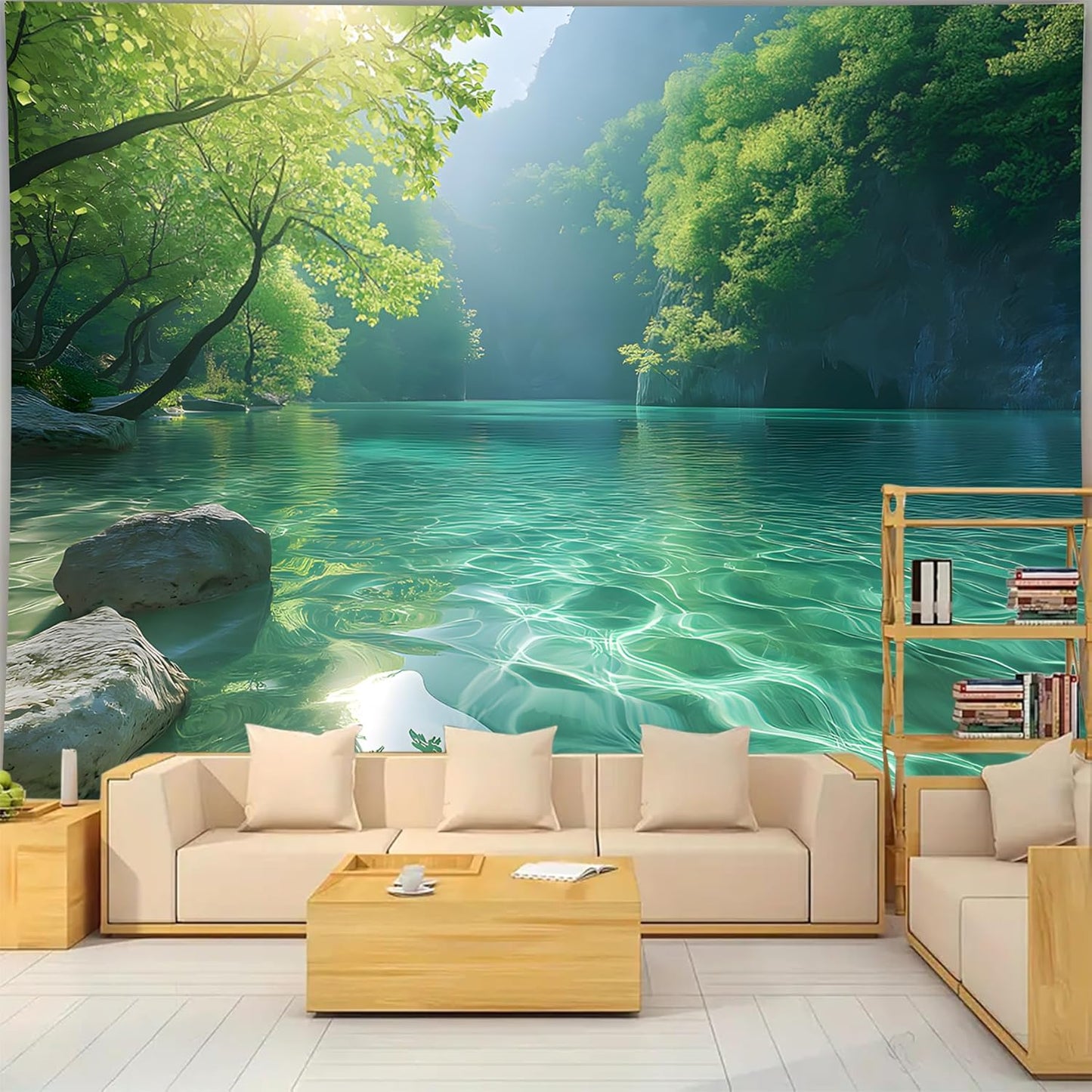 BSFHH Nature Tapestry Forest Tree Sea Cave Wall Hanging, Stream Through Rainforest Landscape Wall Art Tapestry for Bedroom Living room (Lake View, 79"×59", Unframed)