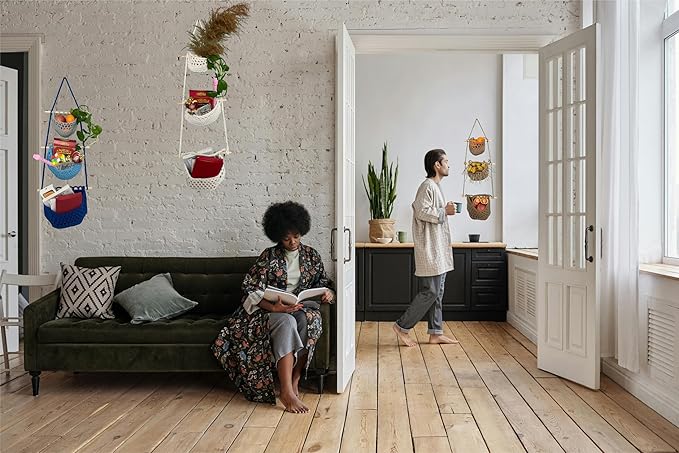 Hanging Fruit Basket, 3 Tier Cotton Macrame Produce Basket for Kitchen, Indoor Planter Hangers.