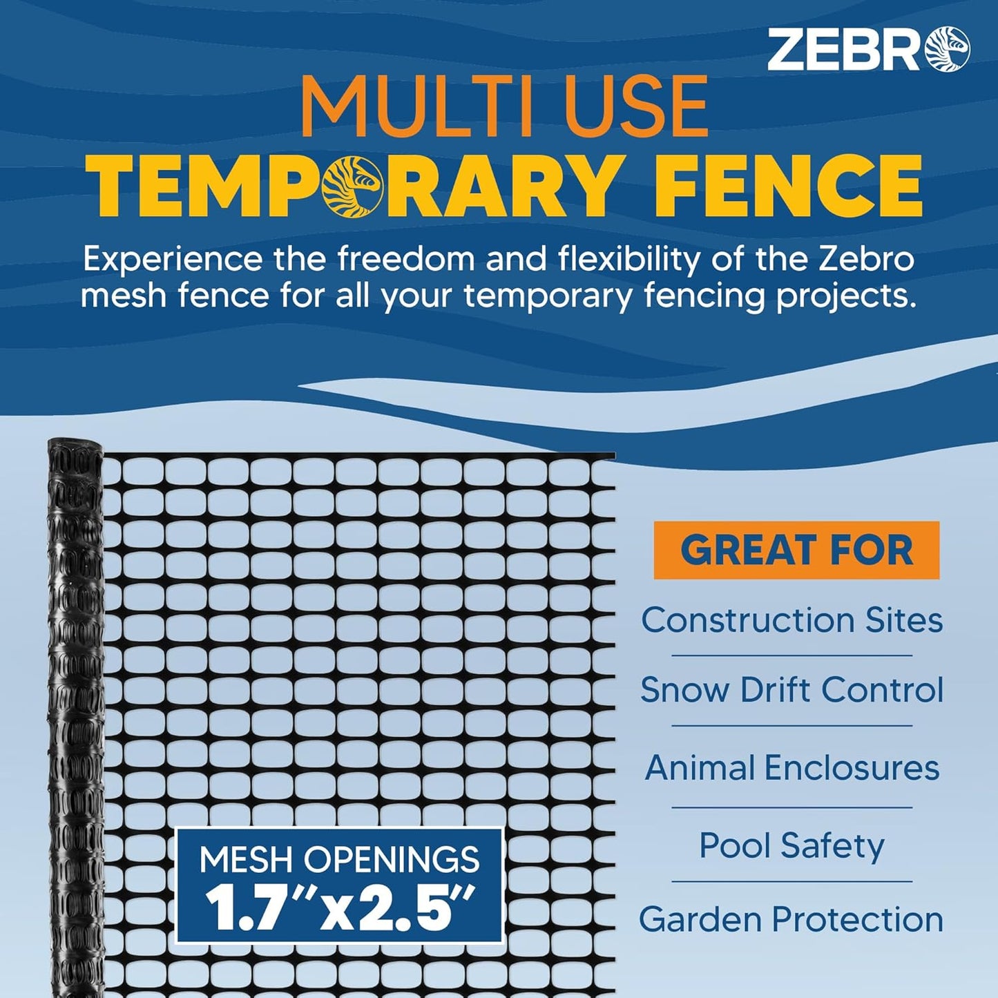 ZEBRO 4' x 100' Orange Plastic Garden Fence Roll – Light Duty Mesh Fencing for Temporary Fence, Snow, Garden Netting, Animal Barrier, Agricultural Fencing & Lawn Protection