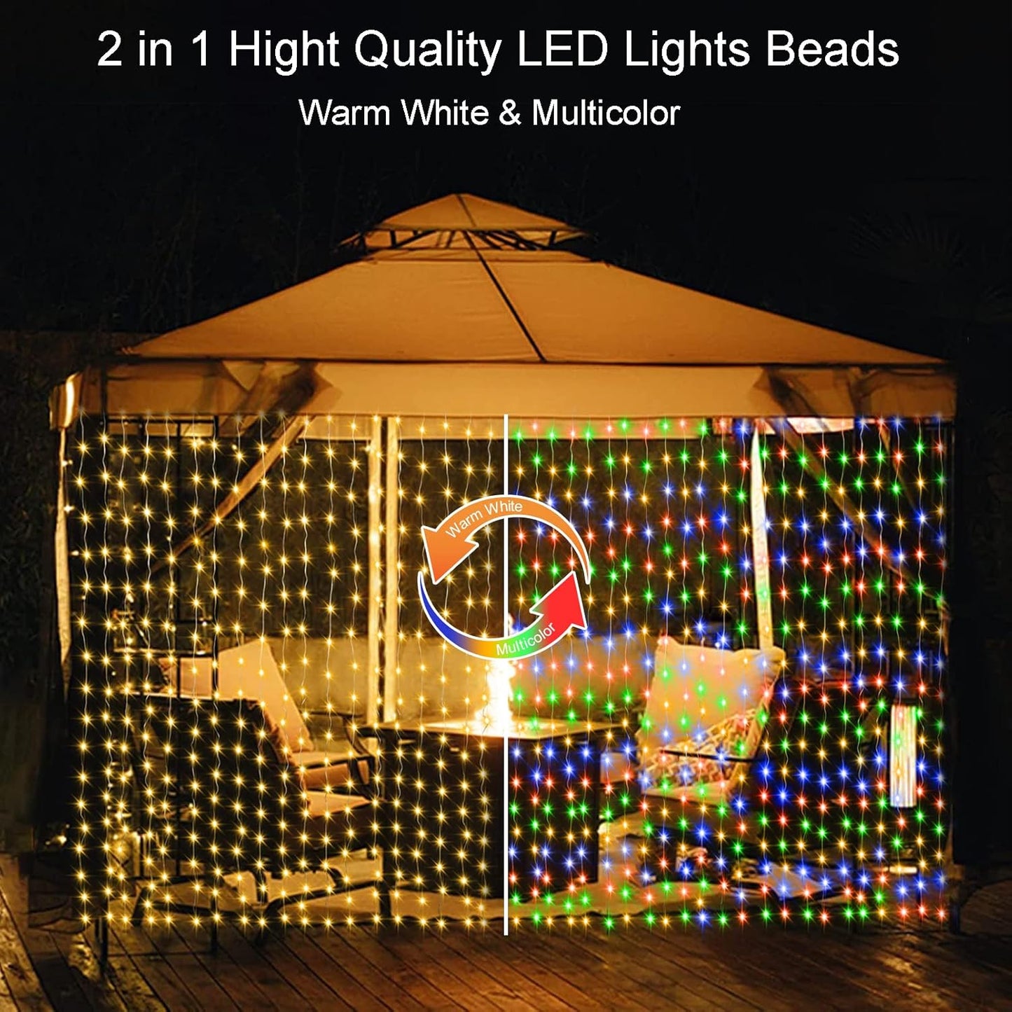 300 LED Fairy Curtain Lights 2 Color Changing, 9.8Ft x 9.8Ft Hanging Lights Battery Operated with Hooks, Outdoor Curtain Light Waterproof for Party Backdrop Patio Decorations (Warm White & Color)