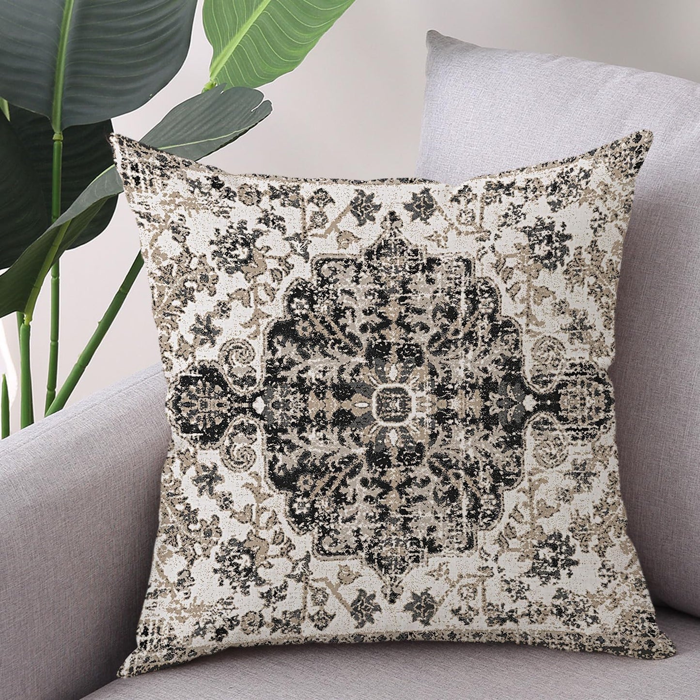 Outdoor Waterproof Pillow Covers 16X16 Inch Set of 2 - Bohemian Vintage Carpet Pattern Black Grey Ethnic Design Decorative Farmhouse for Couch Garden Balcony