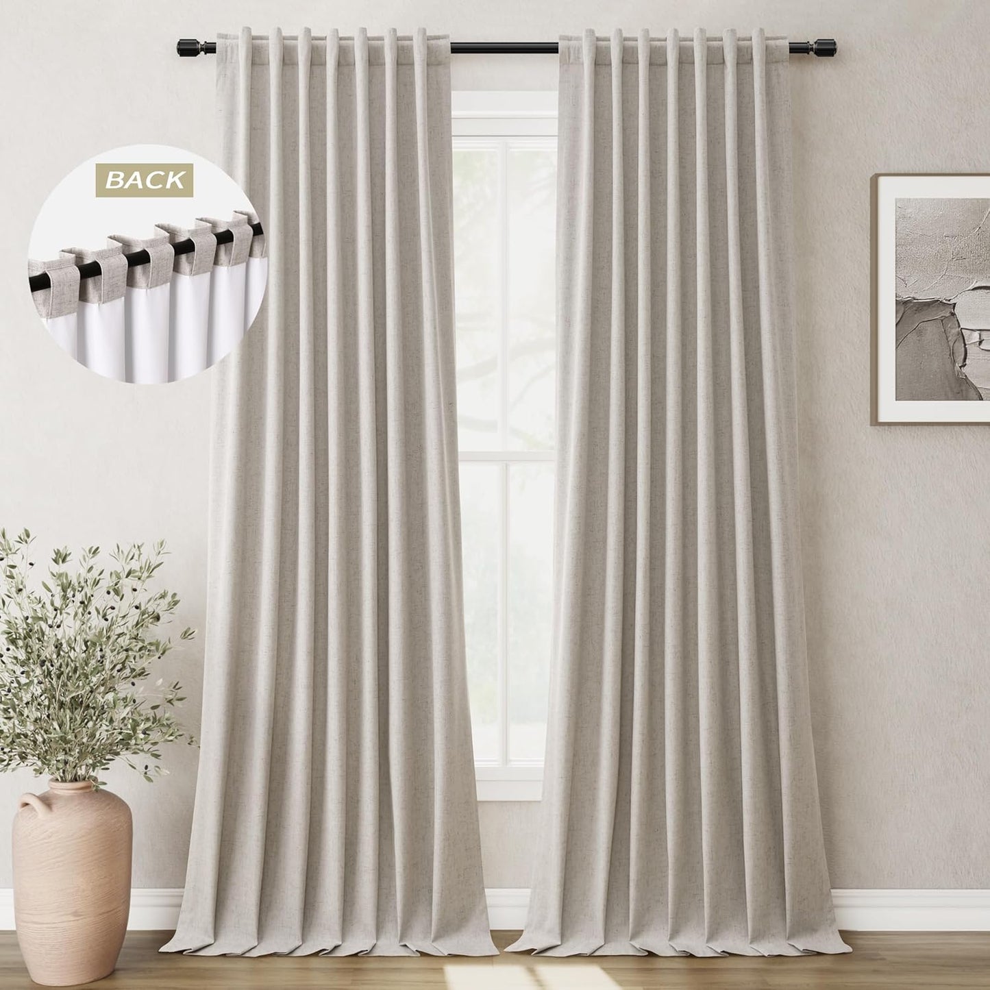 BOODII Neutral Linen Blackout Curtains 84 Inch Length 2 Panels Set Room Darkening Black Out Curtains for Bedroom Living Room Thermal Insulated Nursery Drapes Back Tab/Rod Pocket Greige Taupe 52x84