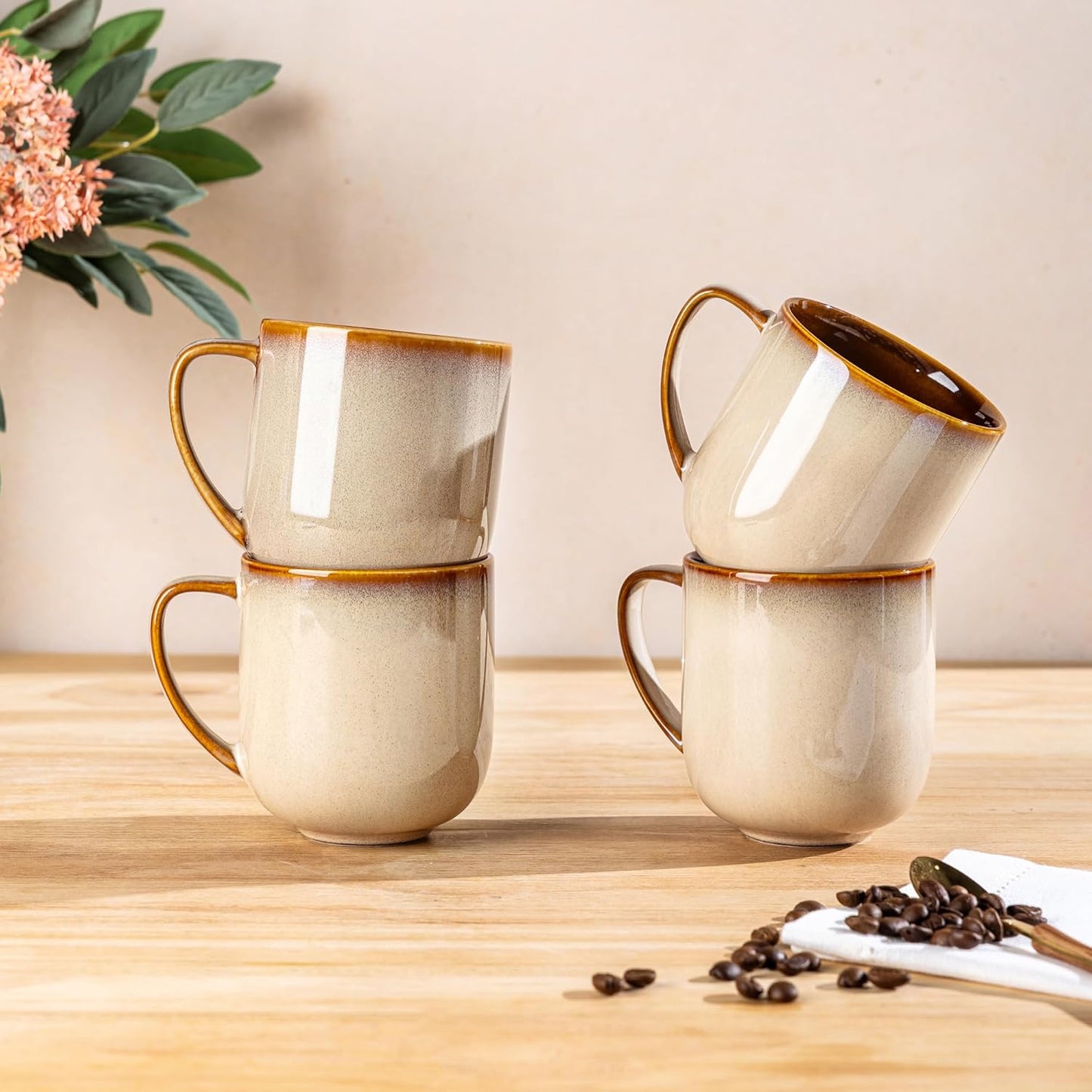 LERATIO Ceramic Dinnerware Sets for 4,16-Piece Reactive Glaze Plates and Bowls Set with Mugs,Highly Chip and Crack Resistant | Dishwasher,Microwave & Oven Safe Dishes set-Kahki