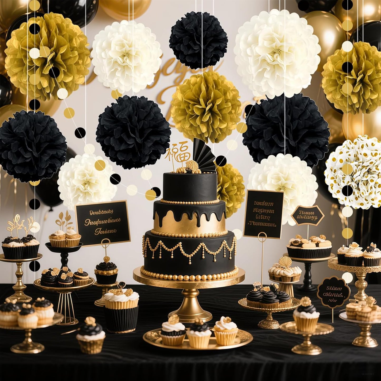 Black and Gold Party Decorations, 16 PCS Tissue Paper Pom Poms Dots Paper Garland Kit for New Year Party, Graduation, Wedding, Birthday, Engagement, Baby Shower, Retirement Party Decor