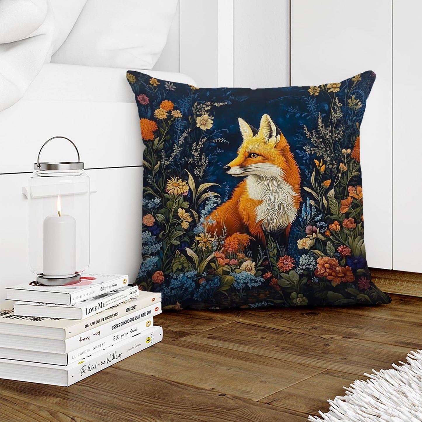 YOU FOUND ME William Morris Abstract Vintage Floral Velvet Fox Design Throw Pillow Covers Home Decor, Retro Art Deco Pillowcase Cushion Cover for Bed Sofa Living Room, Square 18x18inch (Orange-Fox)