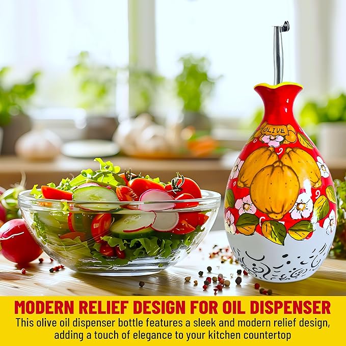 Hand-Painted Ceramic Olive Oil Dispenser Bottle – 40oz Decorative Stoneware Cruet with Stainless Steel Pour Spout – Elegant Kitchen Oil & Vinegar Container, Ideal for Coffee Syrups & More