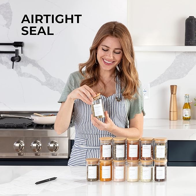 Empty Spice Jars with Label Pack (12x Bamboo Lid Glass Jar). Small 6oz Spice Storage Bottles with 112 Printed Stickers and 48 Writable Pantry Labels for Seasoning Containers