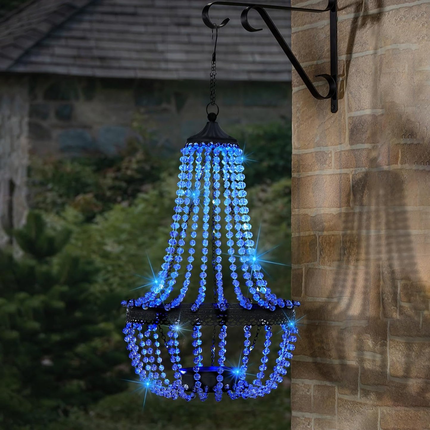 Hanging Solar Chandelier Outdoor, 30 Blue Lights Acrylic Clear Beaded Chandelier with S Hooks Modern Lantern for Garden Yard Patio Gazebo Decorations, 28”H