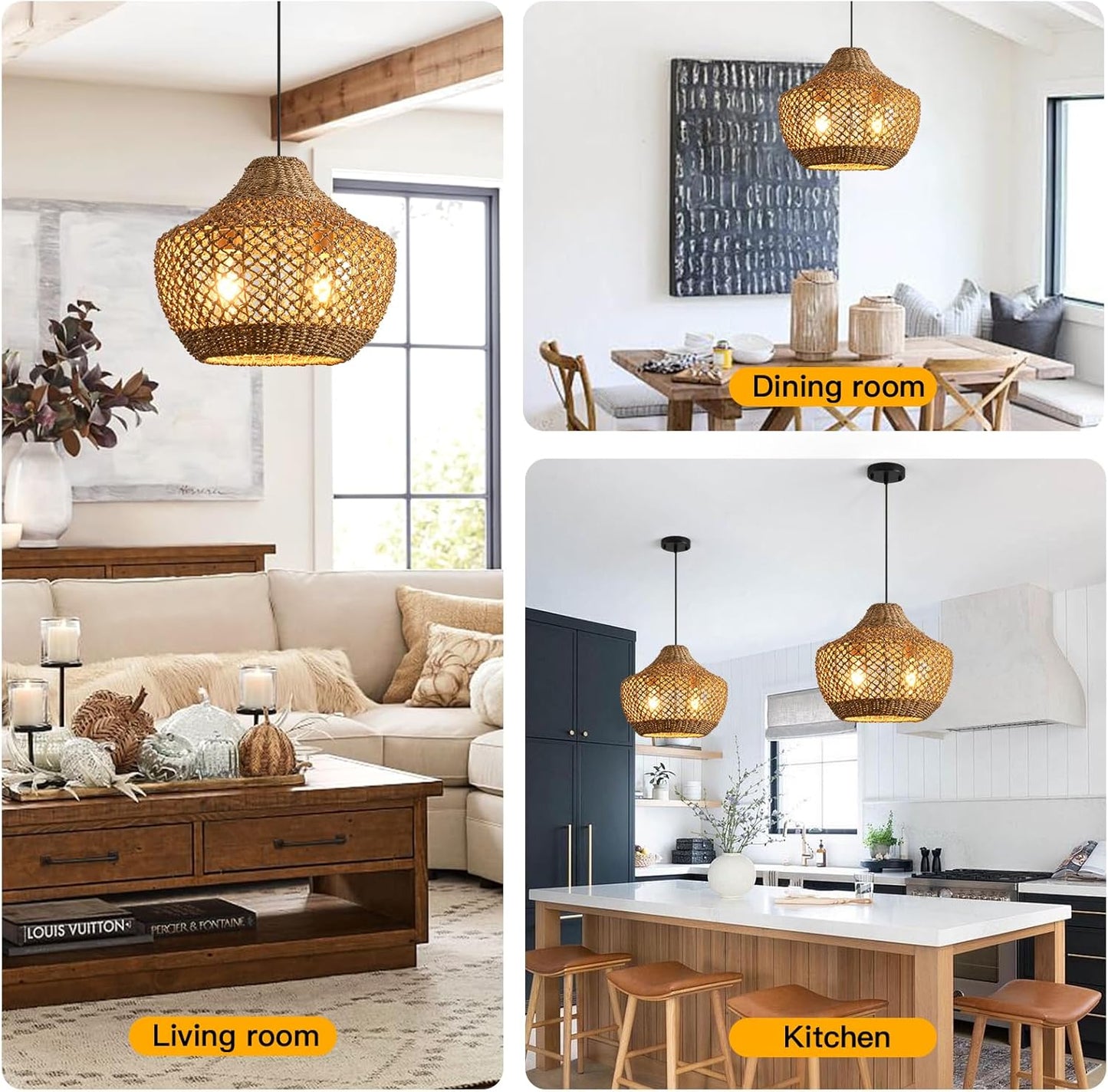 14.96” Rattan Chandelier,2- Light Boho Wicker Pendant Lights, Handmade Woven Suspension Farmhouse Ceiling Fixture for Kitchen Island Bedroom Living Room