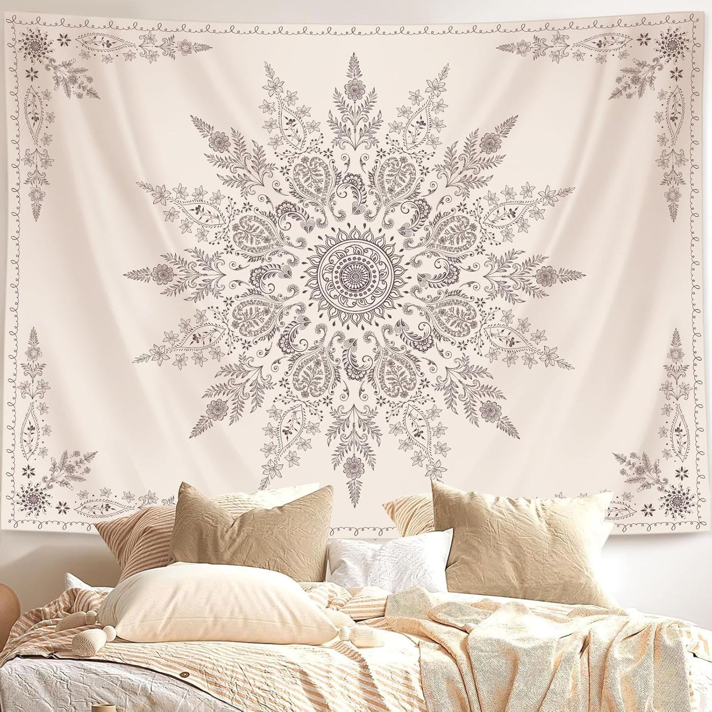 Lunerfex Boho Floral Tapestry Mandala Wall Tapestry, Cute Tapestries for Bedroom Beige Flower Tapestries Wall Hanging for Bedroom Living Room Decor Beige-2 60"x80"
