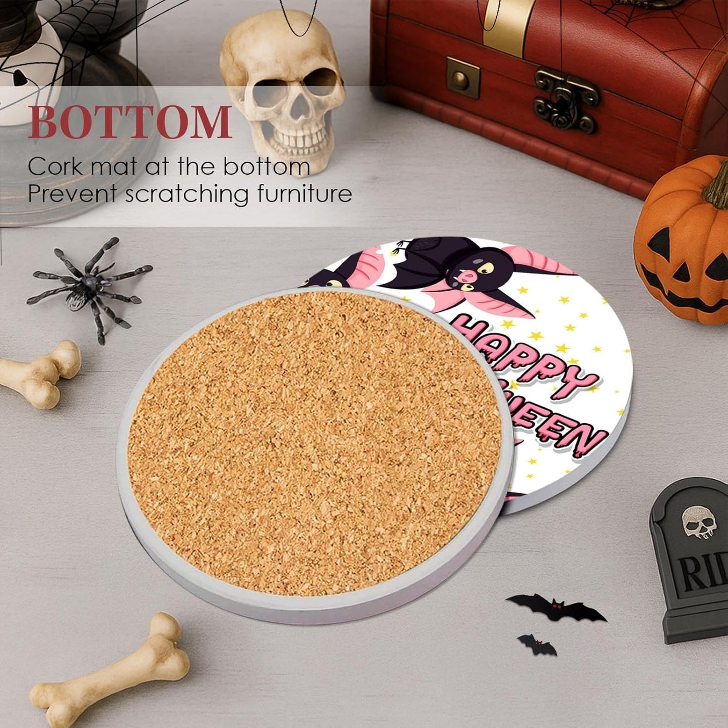 Coaster for Drinks Set of 6, Happy Halloween Cute Ghost Groovy Pink Absorbent Round Ceramic Stone Mat, with Cork Base and Metal Holder, Gift for Housewarming Room Bar Decor