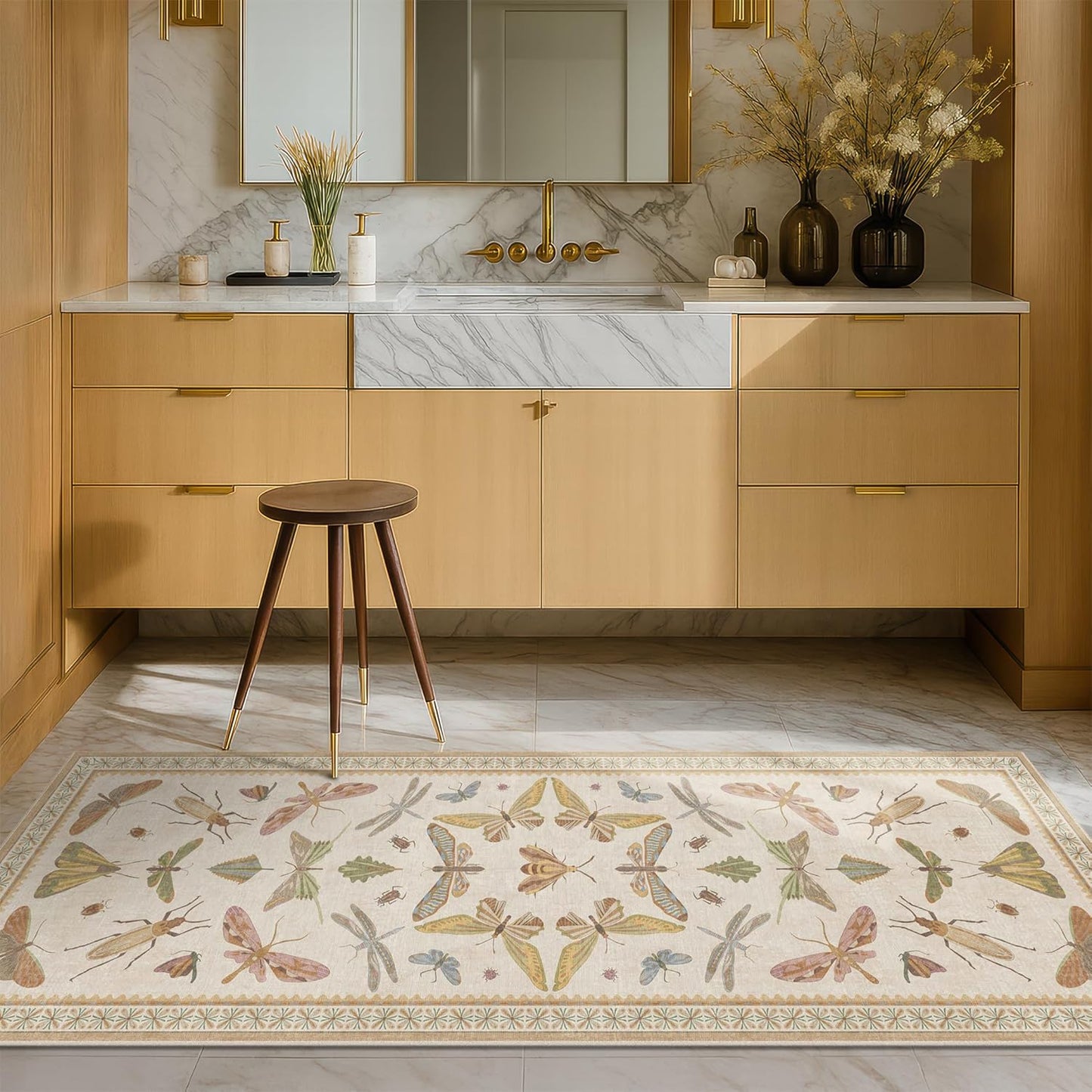 Boho 2x6 Bathroom Runner - Long Rug Runner for Laundry Room, Kitchen, Washable Non Slip Soft Stain Reistant Beige and Yellow Neutral Insect Design Decor