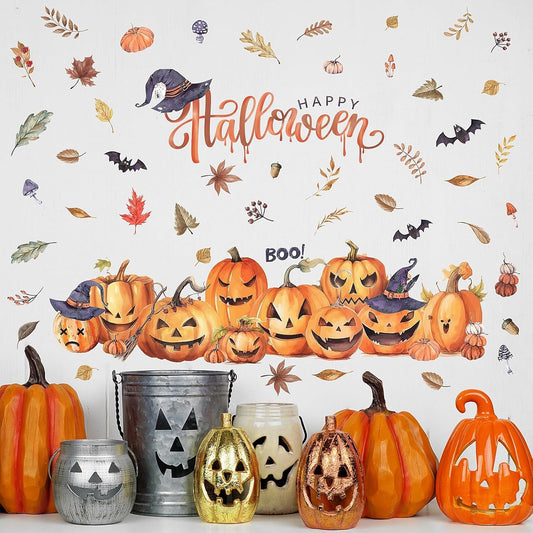 clothmile 38.18 x 36.15 Inch Halloween Wall Decals Halloween Pumpkins Bat Leaves Wall Stickers Removable Halloween Peel and Stick Sticker for Halloween Party Supplies Home Window Decor