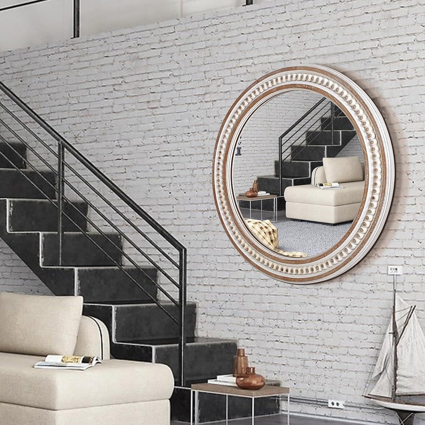 24 Inches Rustic Round Wall Mirrors - Wooden Farmhouse Circle Mirror for Bathroom, Entryway, Bedroom, Living Room, Entryway Decorative