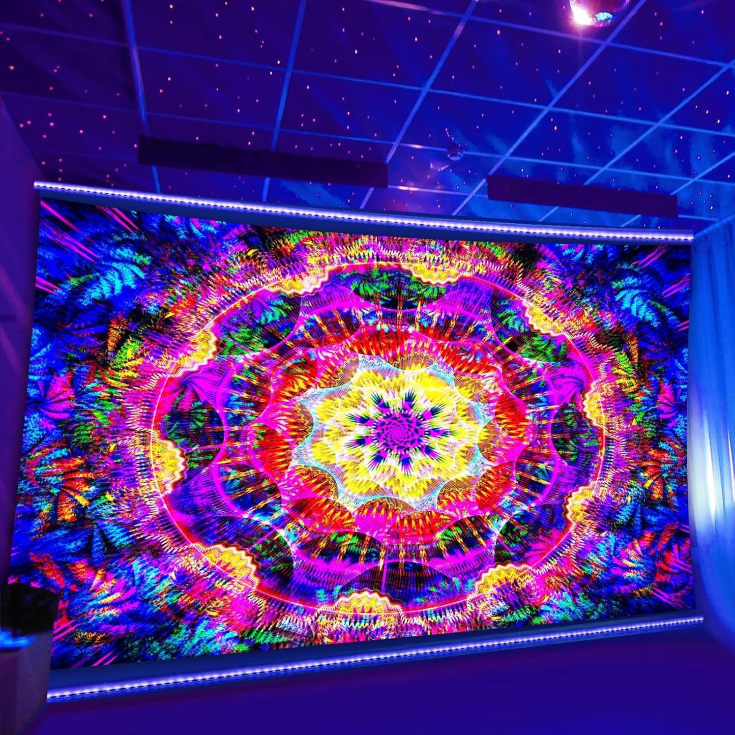 PSYHILAR Blacklight Mandala Tapestry for Bedroom, Psychedelic Black Light Posters for Adults and Teens, Colorful UV Reactive Aesthetic Bohemian Art Wall Hanging Decor (90 x 70 Inches)