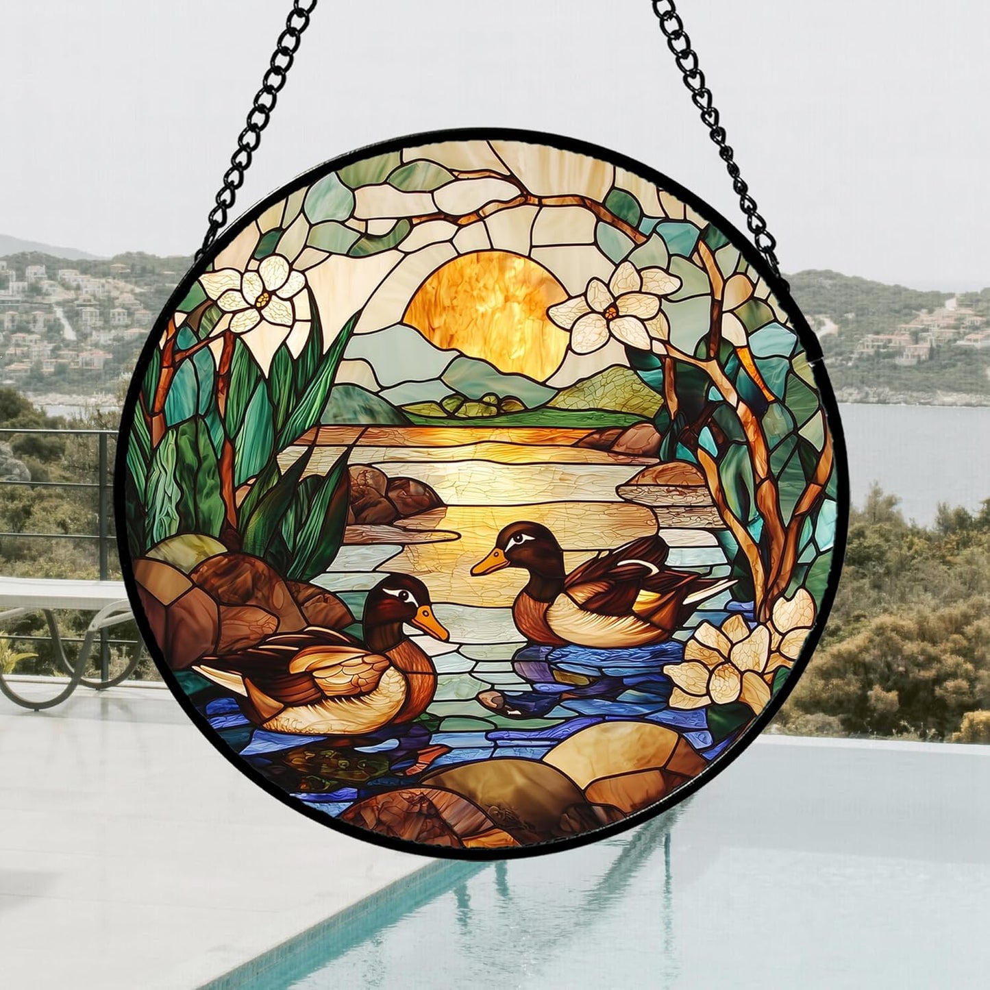 Stained Glass Window Hanging, Ducks in The Pond Sun Catcher for Door Home Decor Landscape Plant Suncatcher Christmas Mother's Day Birthday Gifts for Women Men Mom Nana 6.3 in