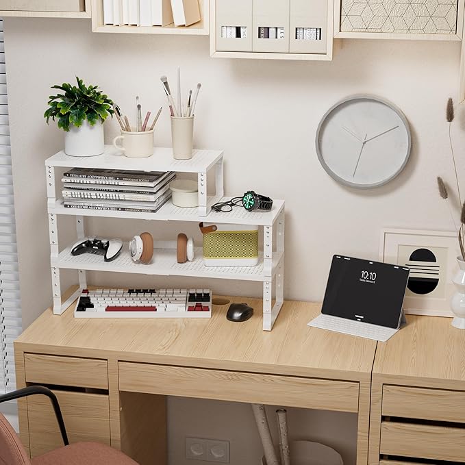 Expandable,Adjustable & Stackable Spice Rack, Cabinet Kitchen Countertop Shelf Organizer,Metal Pantry Storage Shelves - Space-Saving Storage Solution(1Pack/White/Medium)