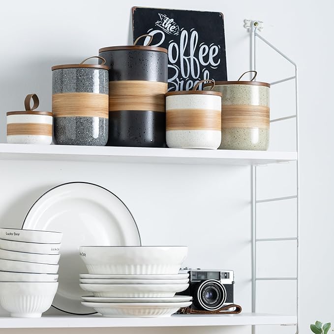 Ceramic Jar with Lid Airtight, Coffee Container Kitchen Food Storage Jars for Spice Sugar Tea Bag, Stackable Decorative Jars for Countertop, 18oz