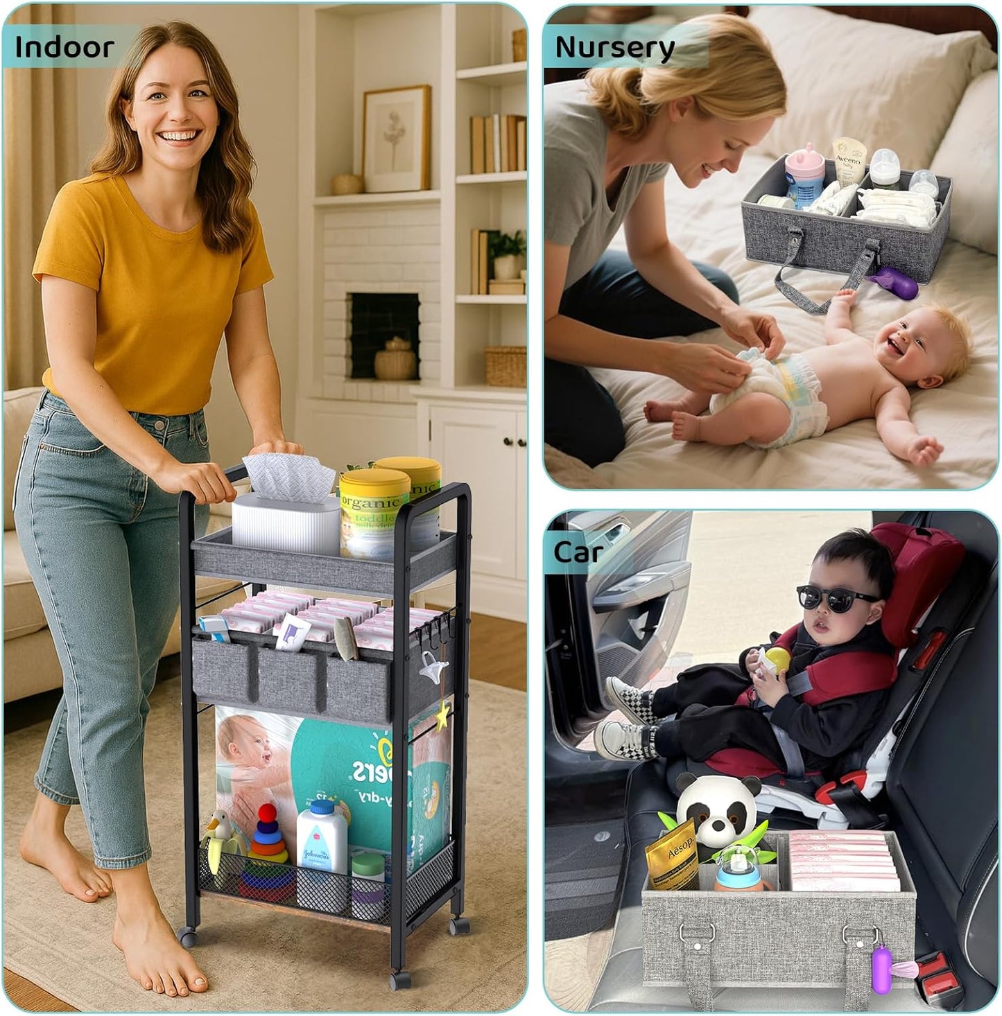 2IN1 Baby Diaper Caddy Organizer-3 Tier Rolling Storage Cart with Dividers - Bedside Diaper Caddy Cart for Baby Nursery Newborn Essentials-Mobile Utility Carts with Wheels for Changing Table