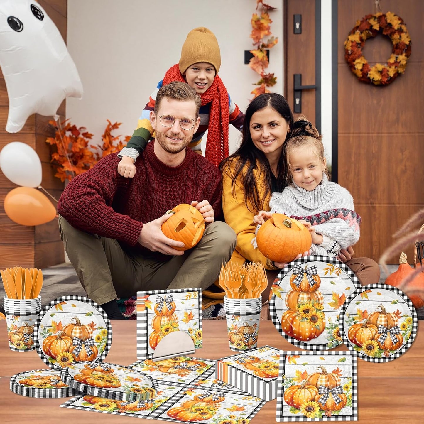Fall Party Decorations,144Pcs Fall Thanksgiving Tableware Set Includes Plates,Napkins,Knife,Fork Black and White Buffalo Plaid Pumpkin Theme Decorations for Autumn Harvest,Thanksgiving Day