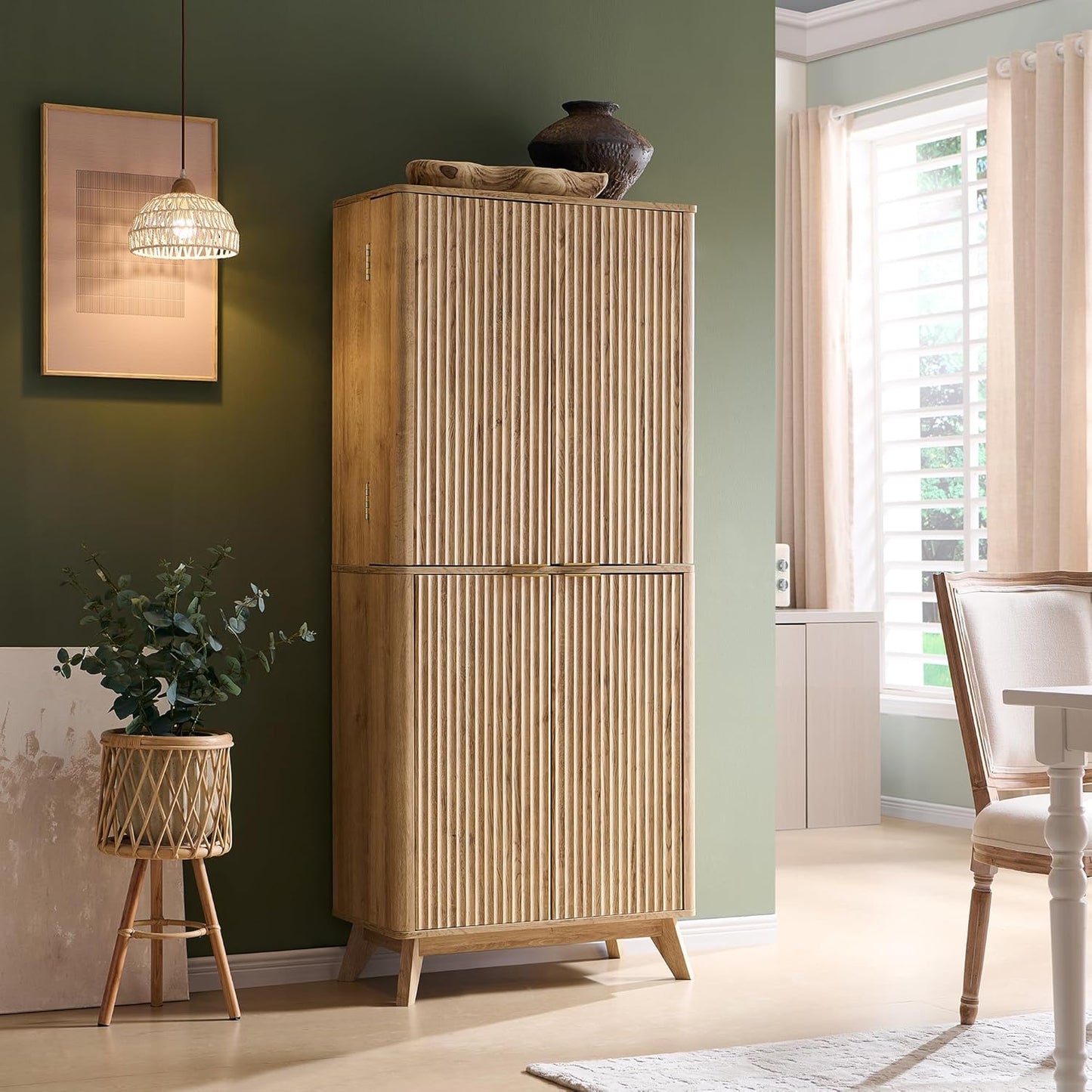 OKD Fluted Kitchen Pantry, 72" Tall Mid Century Modern Storage Cabinet with Adjustable Shelves & Door Organizer, Wood Cabinet for Kitchen, Living Room, Natural Oak