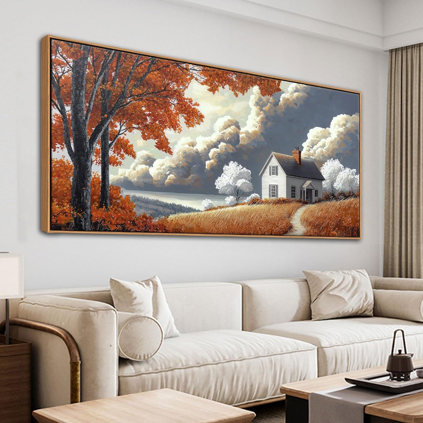 QZQCBLC Orange Landscape Wall Art, Large Abstract White Clouds Houses Scenery Gallery Pictures Farmhouse Canvas Painting Framed Artwork for Living room Bedroom kitchen Home Office Decor 24x48 IN