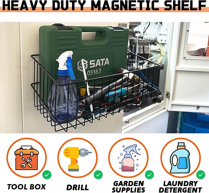 ULIBERMAGNET Magnetic Baskets, Large Capacity Metal Wire Mesh Basket Holder Organizer for Sundry Tool Storage, Magnetic Shelf for Garage, Laundry, Kitchen, Workshop, Cabinet(2 Pack)