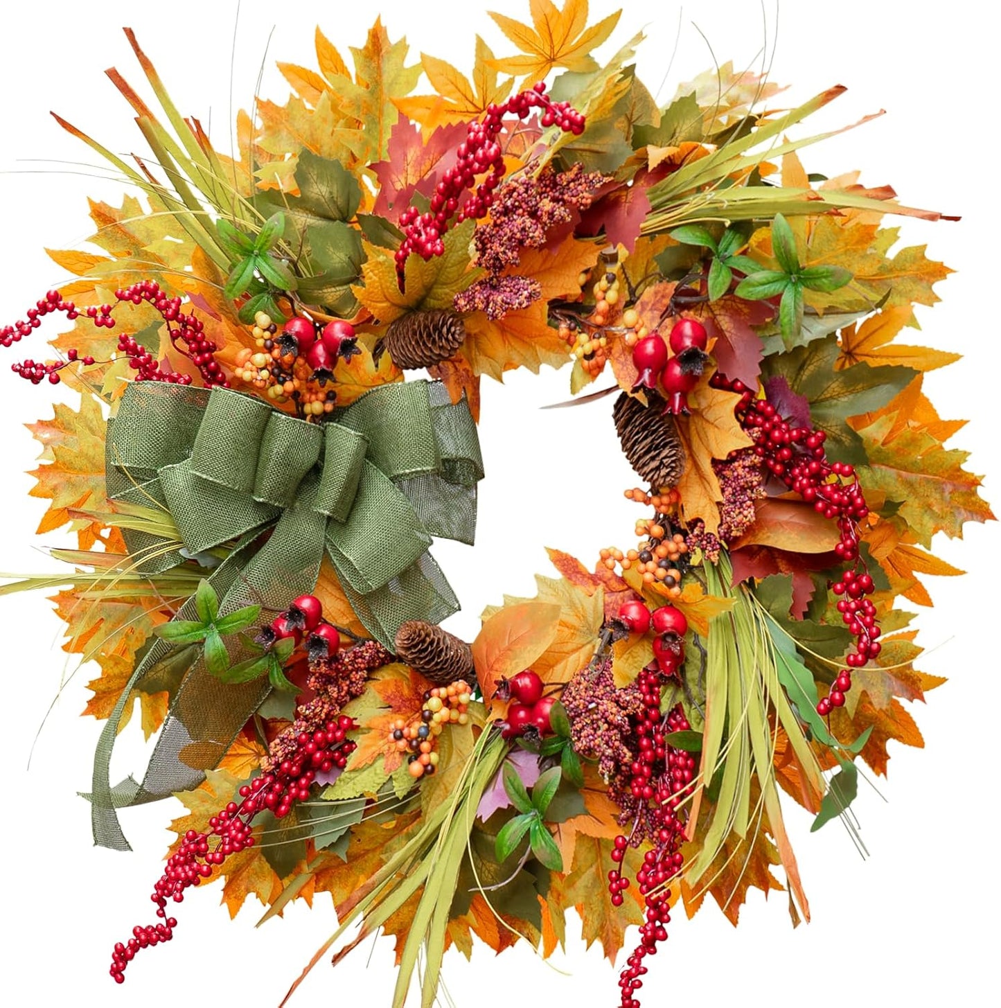 24 Inch Fall Wreaths for Front Door Outside– Artificial Silk Autumn Door Wreath with Green Bow, Maple Leaves, Pine Cones, Red Berries– Indoor Outdoor Thanksgiving Farmhouse Home Wall Decor