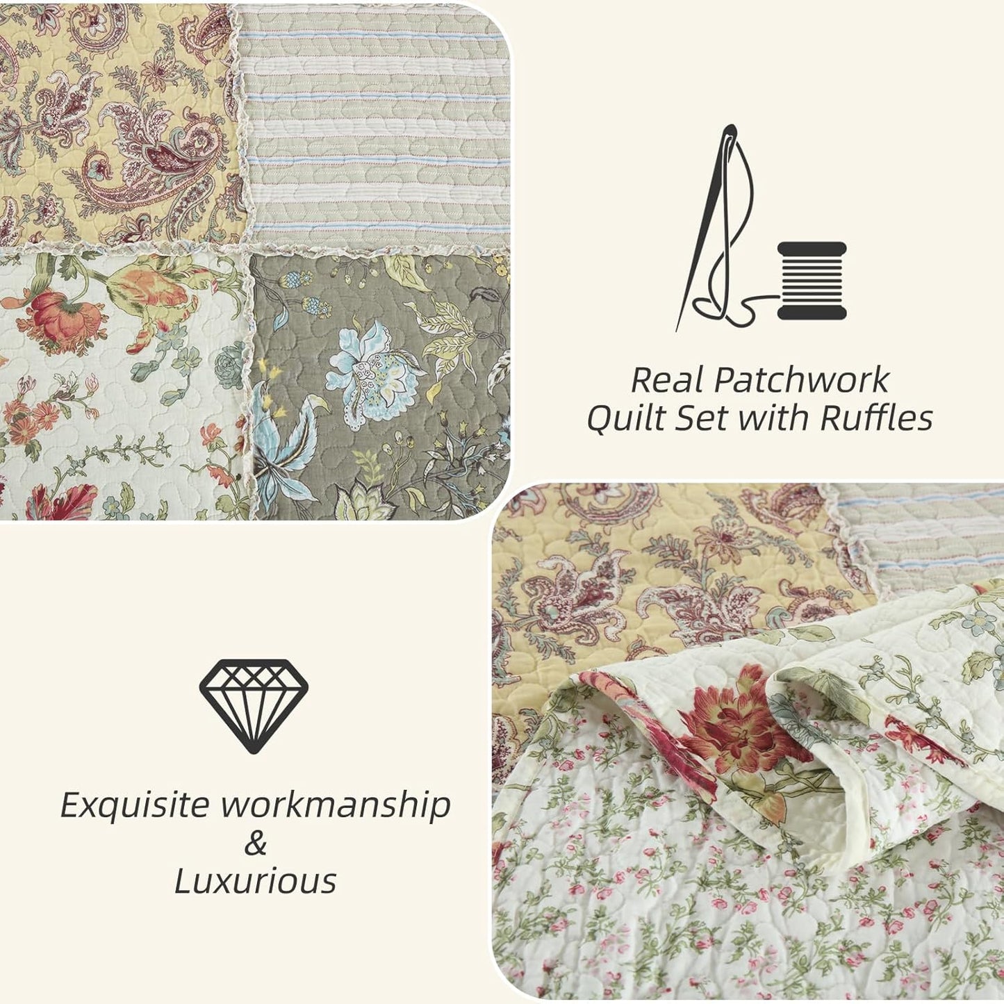 Yvooxny 3-Piece Quilt Set Queen Size Quilted Bedspread Reversible Country Style Floral Real Patchwork Bedding Quilt Set with Ruffles with Pillowcases for All Seasons, 98 * 90 Inches