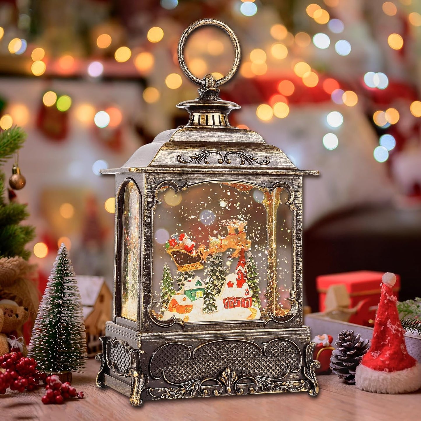 Christmas Snow Globes,Christmas Decorations for Home,with 6 Hour Timer,Musical Snow Globe,Battery Or USB Powered,Christmas Lantern,Christmas Festival Decor, Reindeer Vehicle