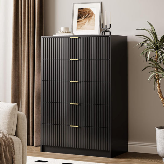 5 Drawer Dresser for Bedroom, Tall Dresser Chest of Drawers with Gold Handles, 32 Inch Wide Nightstand with for Bedroom, Living Rooms, Offices, and Entryways, Black