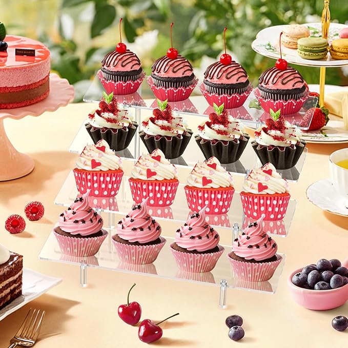 Acrylic Display Riser Stand Shelf Clear 4 Tier Cupcake Stand Perfume Display Holder Figures Desktop Decoration Organizer Showcase Toys Retail Display Rack Candy Dessert Buffet 4 Steps Collection (3 PACKS)