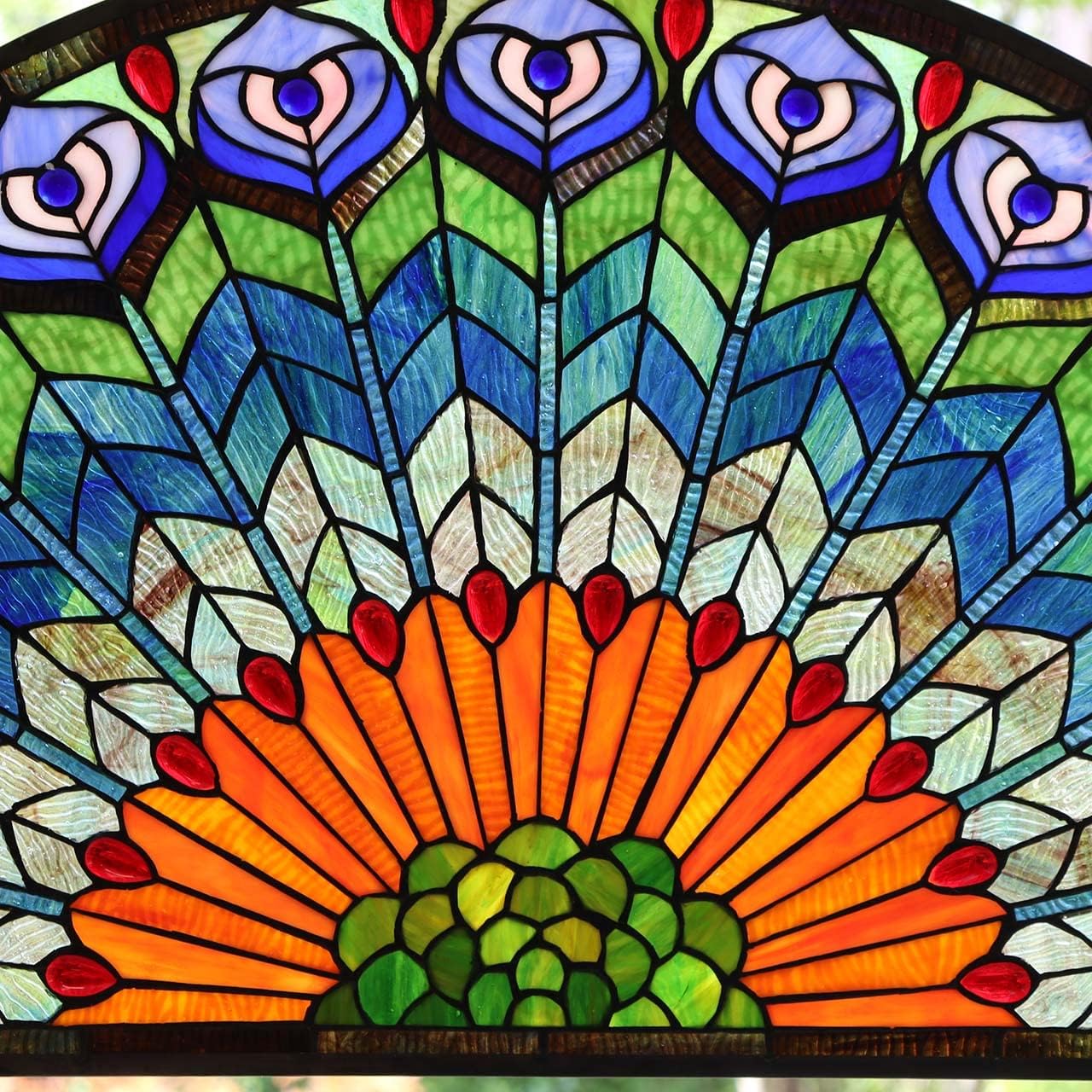 Bieye W10034 Peacock Feather Tiffany Style Stained Glass Window Panel Hangings with Chain, 36 inches Wide Half Round Shape