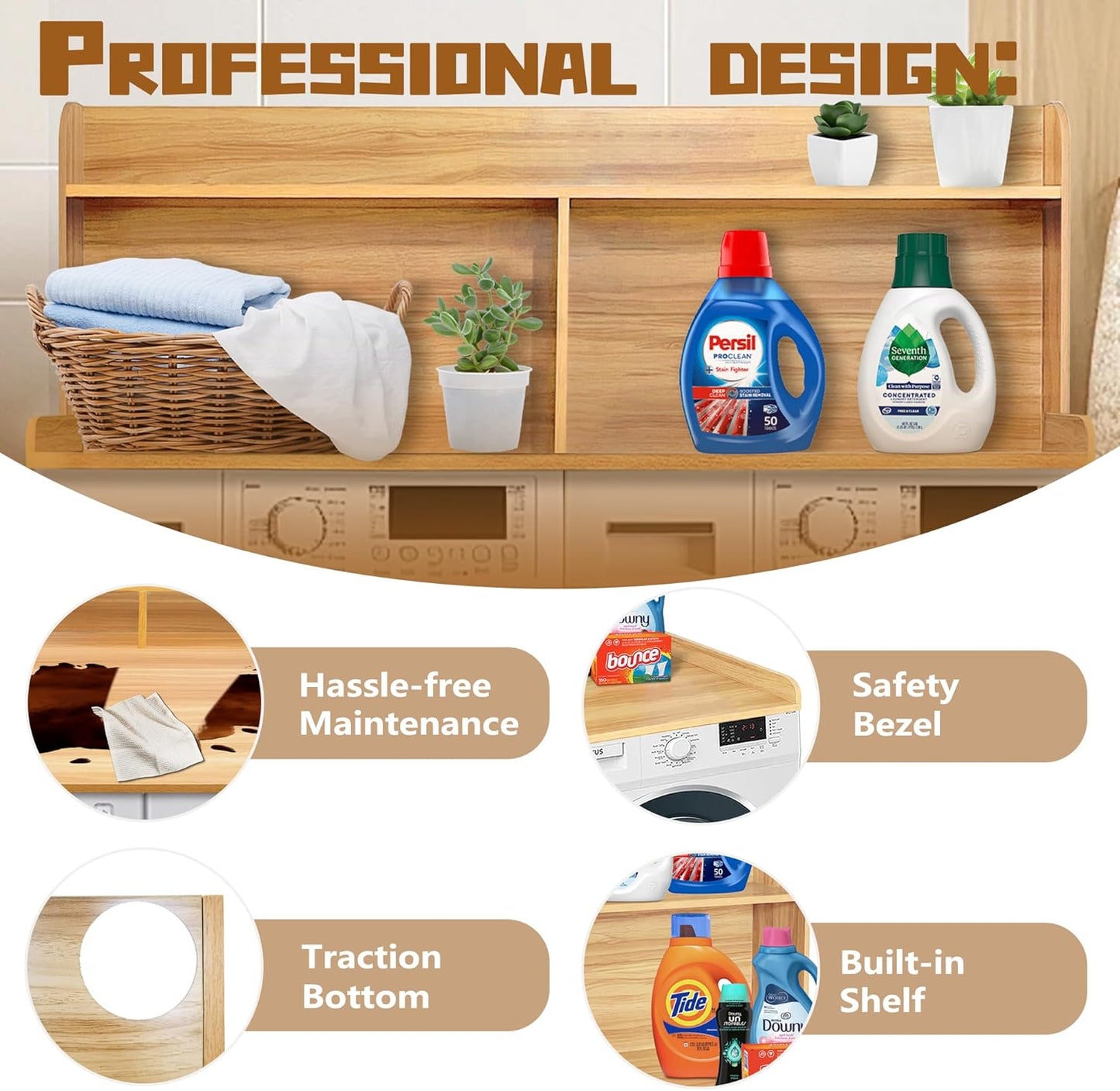 Royxen 2-Tier Washer Dryer Countertop,19.5" H Wood Washer Dryer Topper with Storage Shelf,Laundry Countertop Over Washer and Dryer, Universal Fit for Laundry Room Organization (Oak, 54" W X 27.5" D)