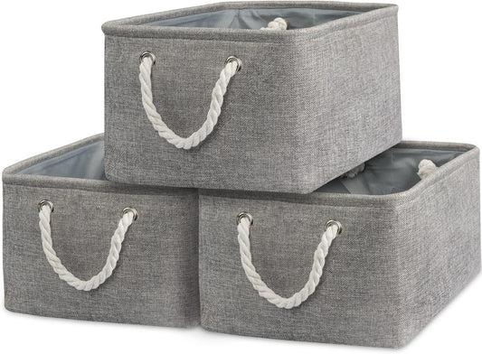 TcaFmac Storage Bins for Organization - Large 3 Pack Canvas Storage Basket for Shelves with Handles, Collapsible Baskets for Organizing for Closet Dog Laundry (Grey 16x12x8 inch)