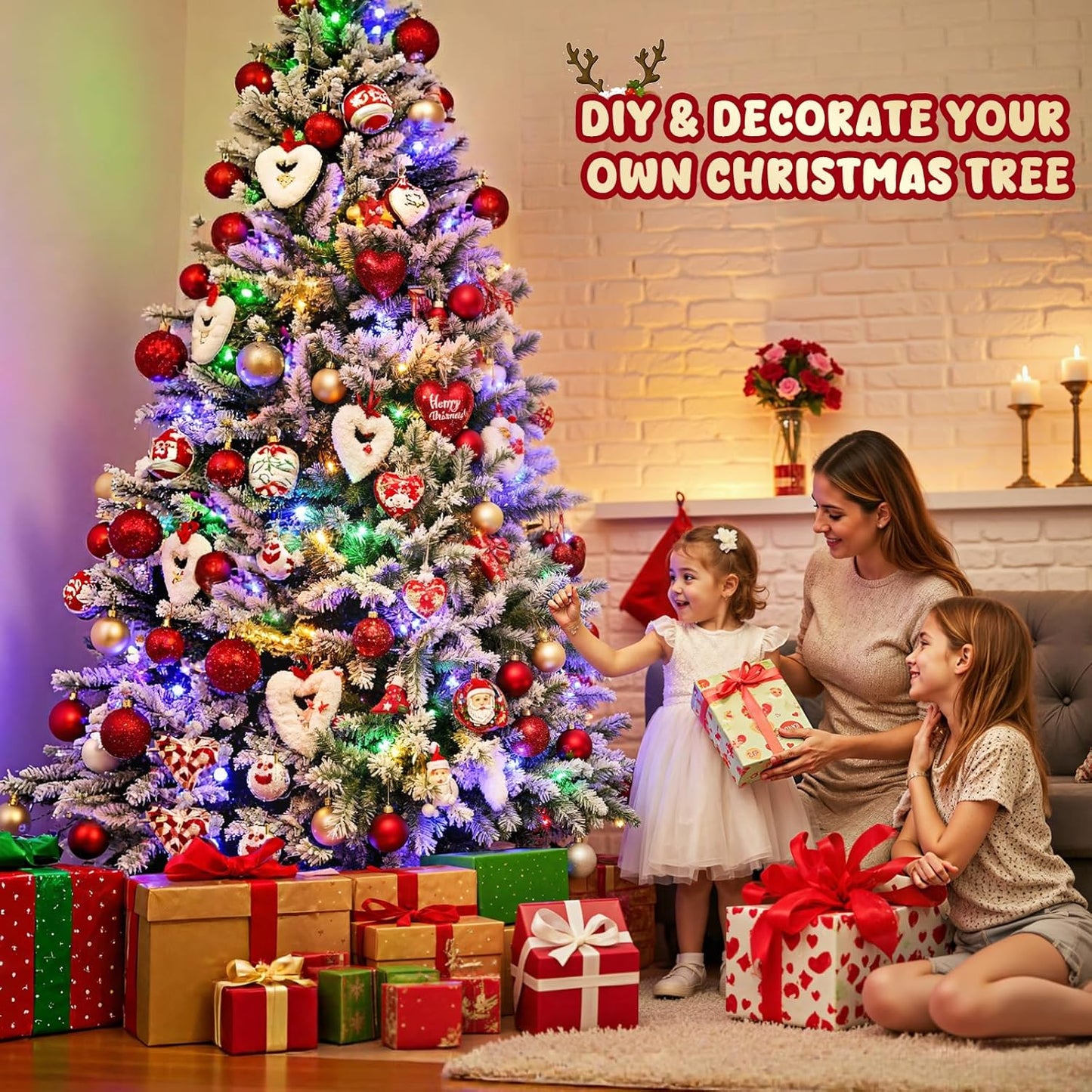 6.5ft Pre-lit Artificial Christmas Tree with Remote, Snow Flocked Xmas Trees Rotating & Foldable Stand, RGB & Warm White Light for Home Decor