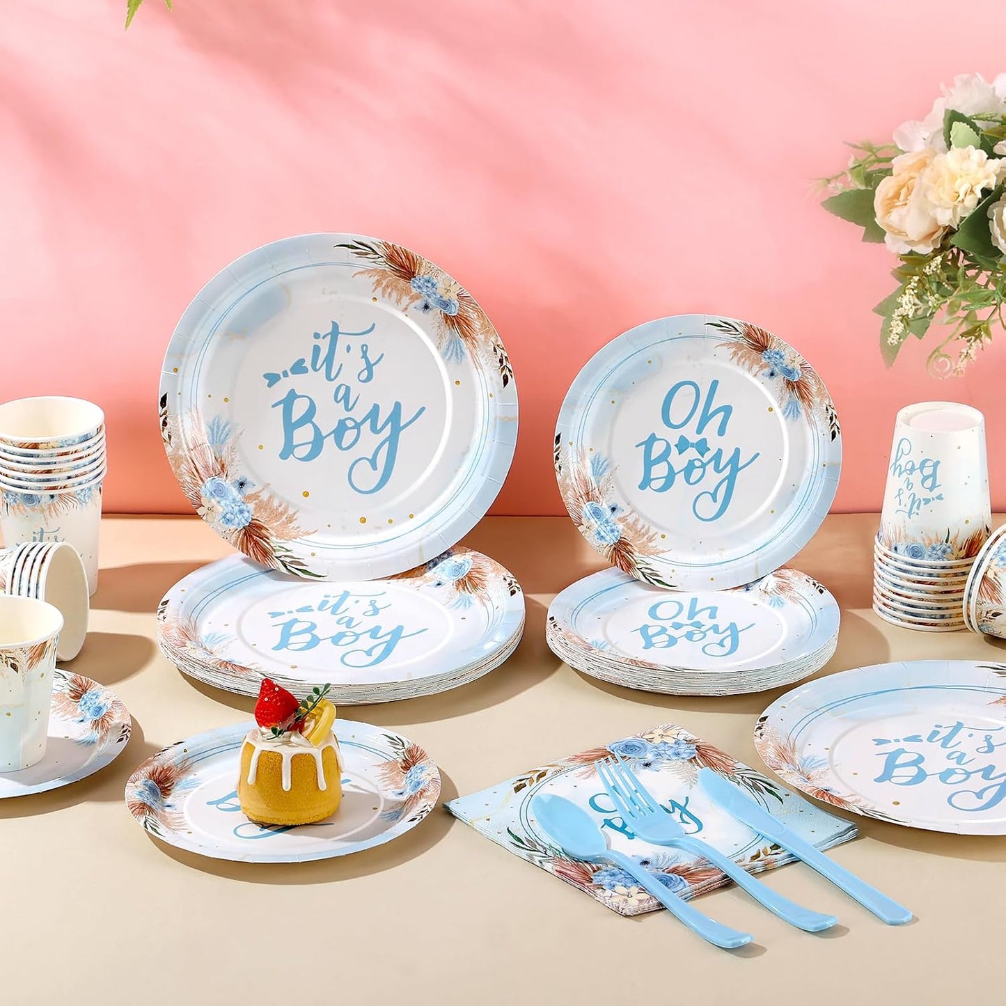 168 Pcs Baby Boy Shower Decorations, Its A Boy Baby Shower Decorations, Blue Baby Shower Plates and Cups and Napkins Sets Serves 24, Boho Fall Oh Baby
