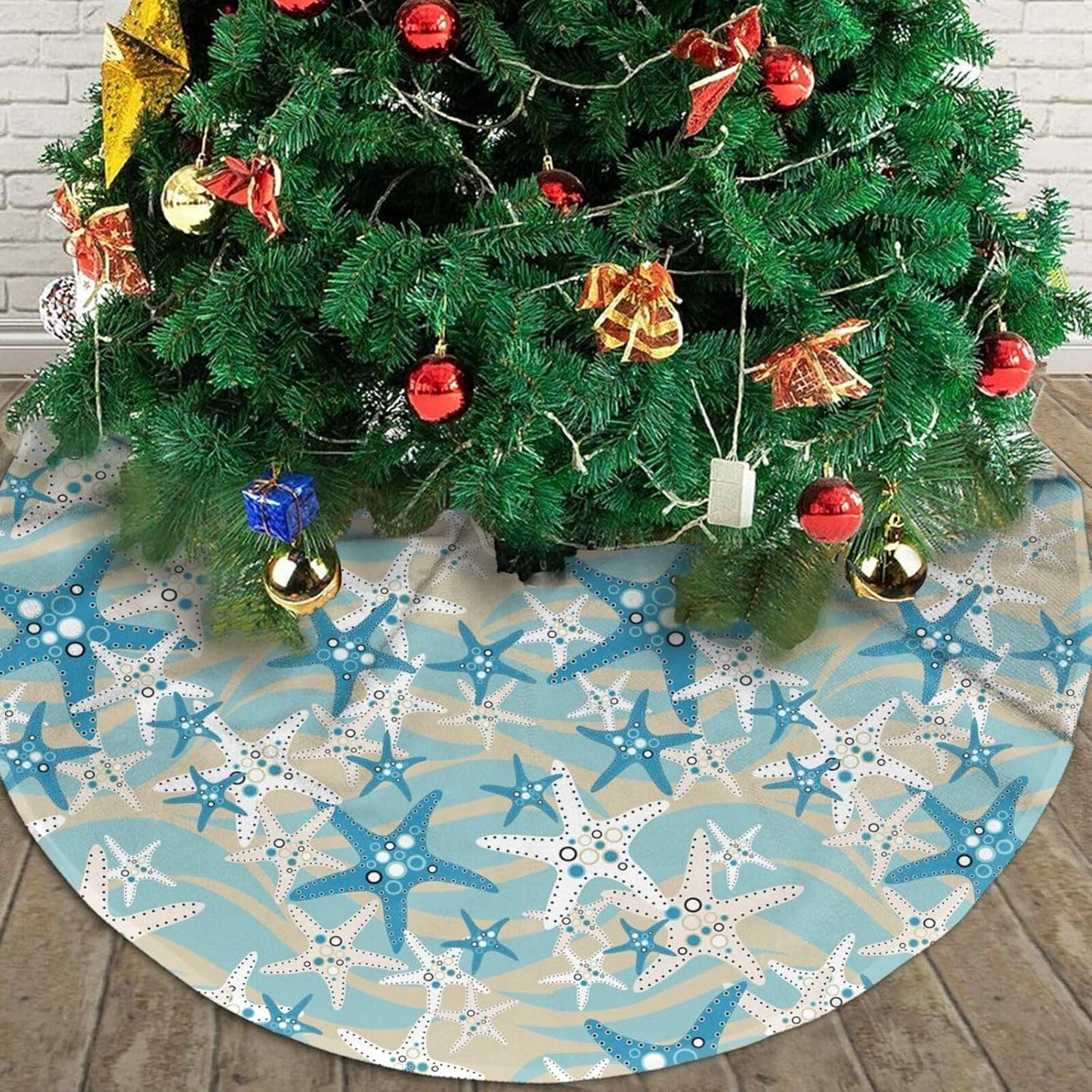 Christmas Tree Skirt,Beach Starfish Xmas Tree Skirt Rustic Farmhouse Tree Skirt for Christmas Decor Xmas Holiday Home Party Decorations36