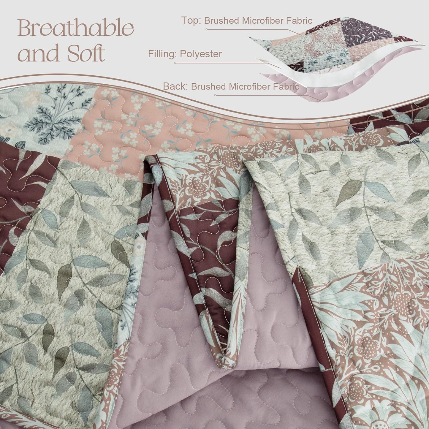 Exclusivo Mezcla Reversible Boho Quilt Set King Size, 3 Pieces Patchwork Brown All Season Bedspreads, Ultra Soft Floral Coverlet Bedding Set with Printed Pattern (1 Quilt, 2 Pillow Shams)